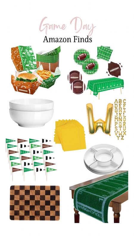 Game Day Amazon Finds! 
Multicolor Football flag, letter balloons, football party supplies tableware set, serving bowls, check chop board, luncheon napkins, divided serving dishes, paper food trays, Football turf table runner! 

#LTKhome #LTKfindsunder100 #LTKparties