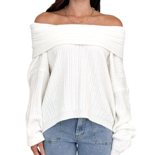 Off The Shoulder Sweater for Women Long Sleeve Loose Knit Pullover Blouse Tops Fall Going Out Top Trendy Clothes (White, M) | Amazon (US)