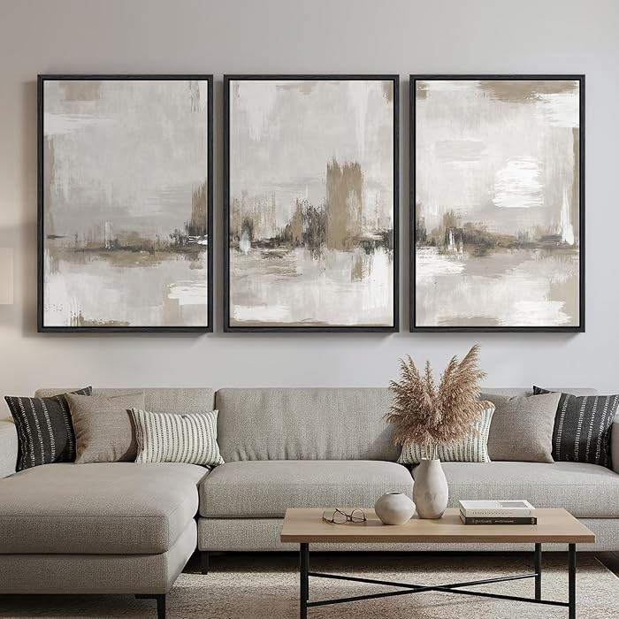 Large Framed Neutral Abstract Wall Art for Living Room, 3 Piece Modern Beige Brown Canvas Artwork... | Amazon (US)