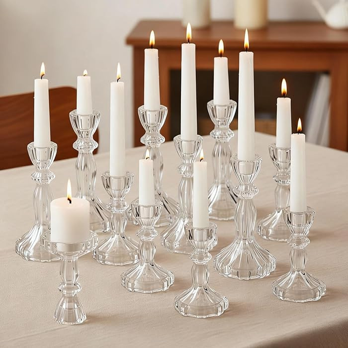 12 Pack Glass Candlestick Holders Set 4.3/6.1'' Taper Stripe Candle Holder Bulk Floral Shape Crys... | Amazon (US)