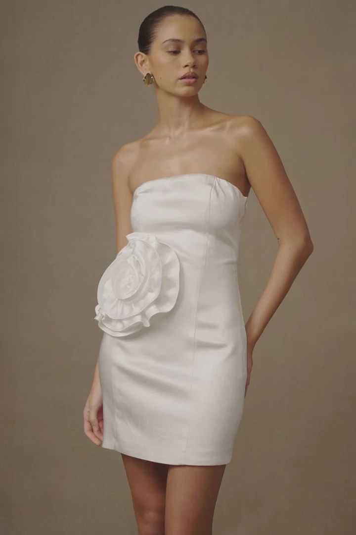 Bernadette Strapless Rose Mini Dress - White | MESHKI US