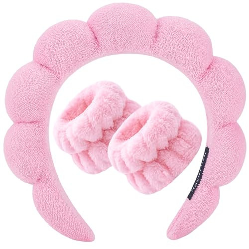 Zkptops Spa Headbands for Women Girls Sponge Cute Pink Makeup Skin Care Headband Wristbands Set for Washing Face Towels Bubble Soft Hairband Puffy Headwear Winter Non Slip Thick Thin Hair Accessory | Amazon (US)