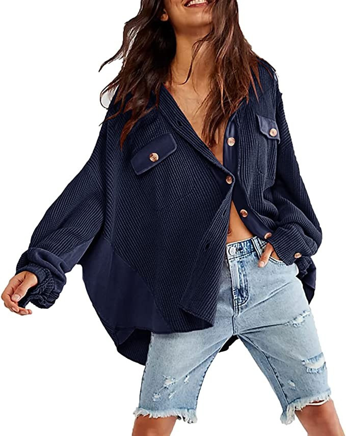 Womens Button Down Shirts Jacket Casual Waffle Knit Long Sleeve Oversized Shacket Tops | Amazon (US)