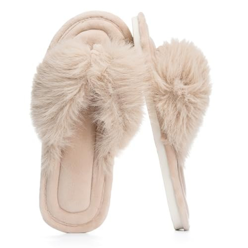 GOEWY Womens Fuzzy Slippers with Box Memory Foam Soft Gifts for Women Mom Ladies Open Toe Fluffy Faux Fur Flip Flop Thong Slippers Bedroom Indoor Slides Shoe Birthday Valentines | Amazon (US)