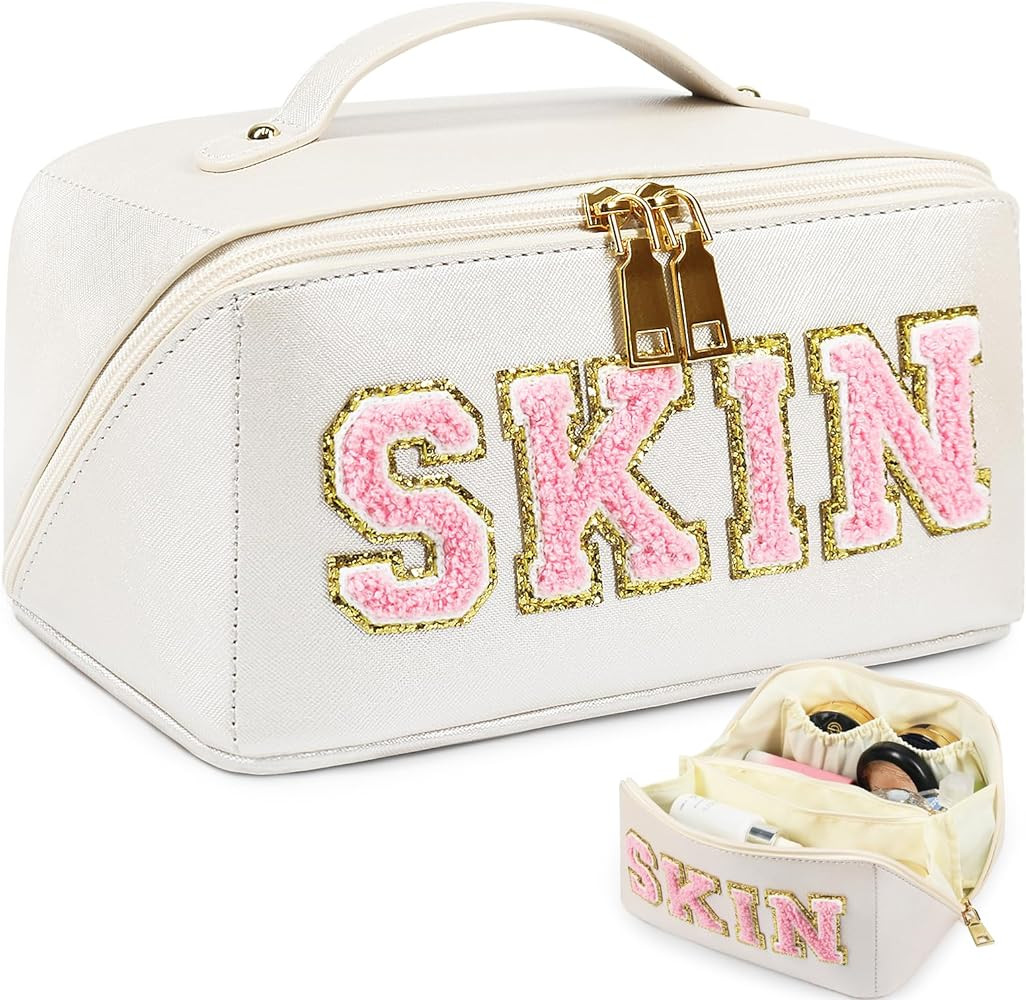 Large Capacity Travel Cosmetic Bag, Synthetic Leather Open Flat Makeup Bag for Women Letter Toile... | Amazon (US)