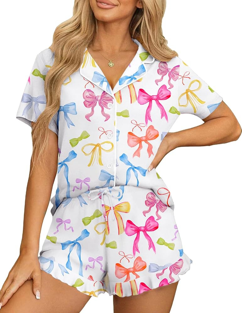 Ekouaer Womens Pajama Sets Button Down Short Sleeve Top and Shorts Cute Pjs Sets Sleepwear | Amazon (US)