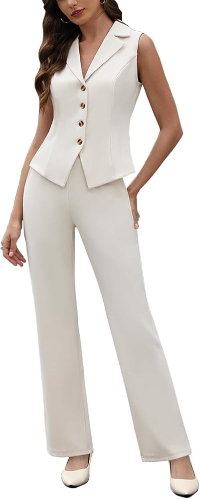 Agenlulu Women's 2 Piece Suits Sleeveless V Neck Outfits Summer Vest Blazer with Straight Leg Pan... | Amazon (US)