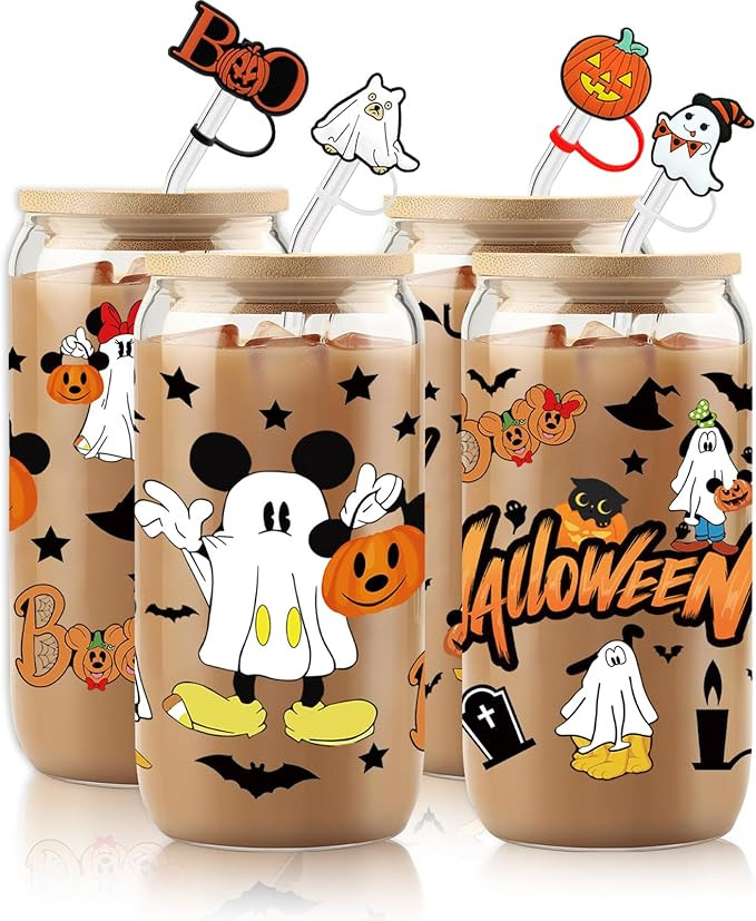 4Pcs 16oz Halloween Ghost Glass Cups with Lids and Straws, Cute Mouse and Pumpkin Pattern Design,... | Amazon (US)