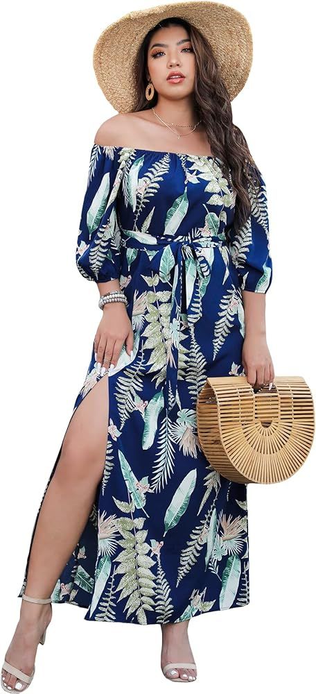 SOLY HUX Women's Plus Size Tropical Print Off Shoulder 3/4 Sleeve Split Belted Maxi Dress | Amazon (US)