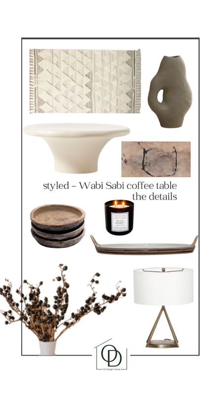 A Wabi sabi round coffee table styled with a tripod brass lamp, marble and rattan tray, black candle, stacked wood plates, irregular shaped organic vase with dried blackberry stems, a tufted area rug, and Wabi sabi wall art

Modern organic decor, japandi home, Wabi sabi decor

#LTKFind #LTKhome #LTKstyletip