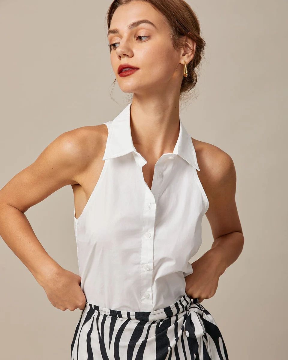 The White Collared Button Up Sleeveless Shirt - Women's White Sleeveless Collared Shirt Dress - W... | rihoas.com