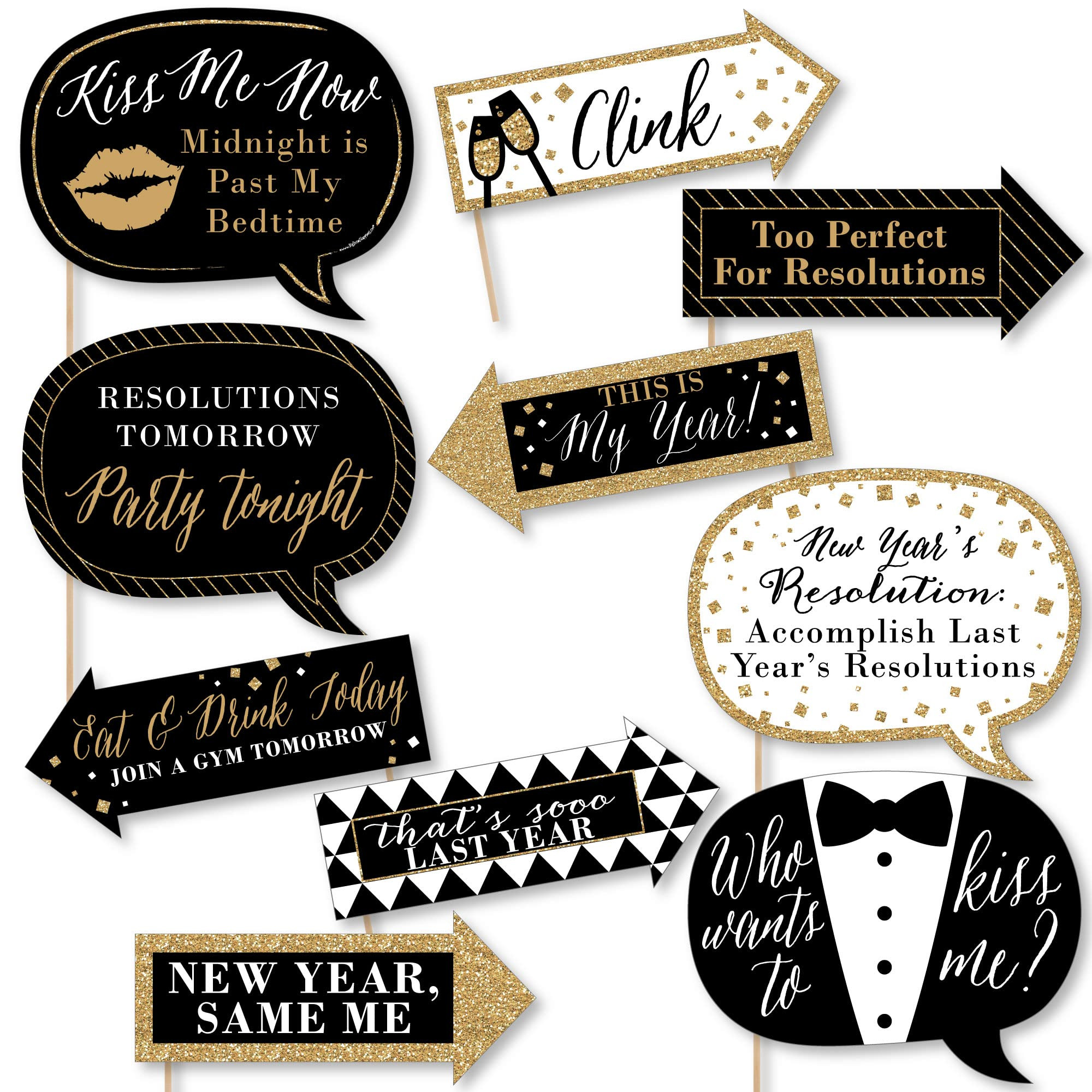 Big Dot of Happiness Funny New Year's Eve Photo Booth Props Kit, 10-Piece, Black & Gold, Cardstoc... | Amazon (US)