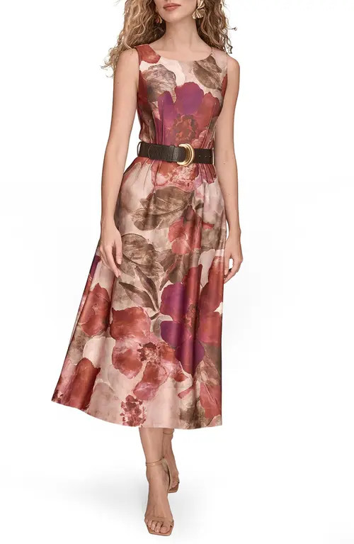 Donna Karan New York Floral Print Belted Midi Dress in Red at Nordstrom, Size 10 | Nordstrom