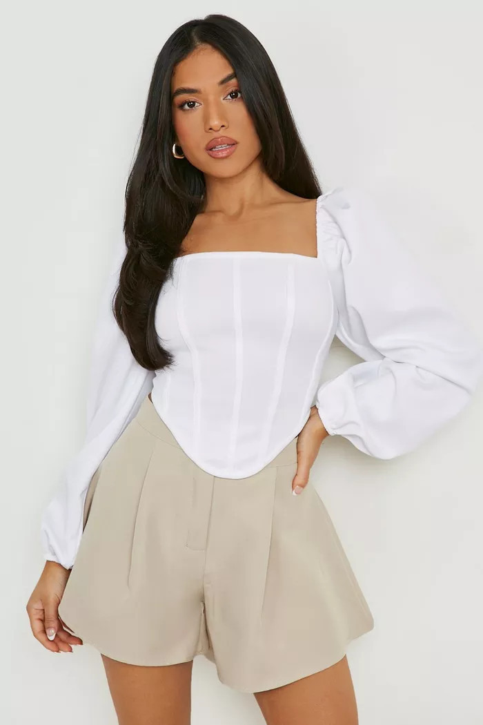 Petite Puff Sleeve Dipped Hem Corset Top | Boohoo.com (US & CA)