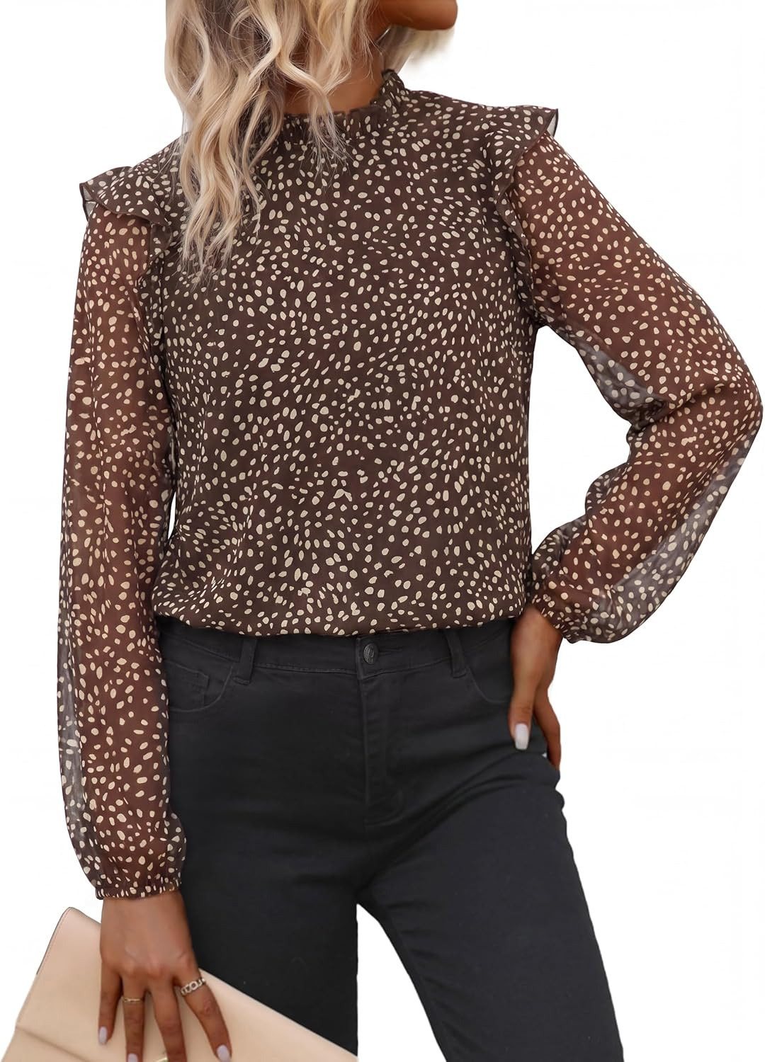 Simplee Womens Floral Boho Tops Trendy Ruffle Long Sleeve Blouses Fall Dressy Mock Neck Loose Casual Work Shirts | Amazon (US)