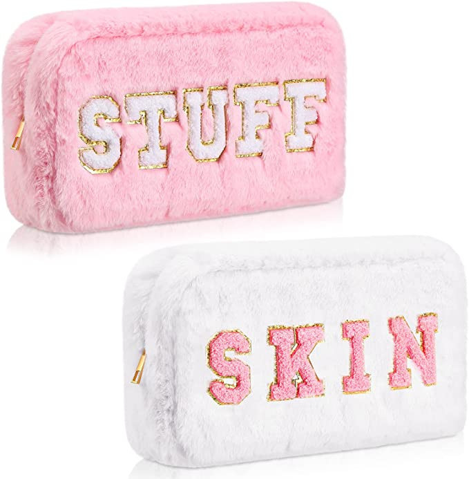 2 Pcs Chenille Letter Cosmetic Bag Large Preppy Makeup Pouch Bag Fluffy Plush Makeup Bag Portable... | Amazon (US)
