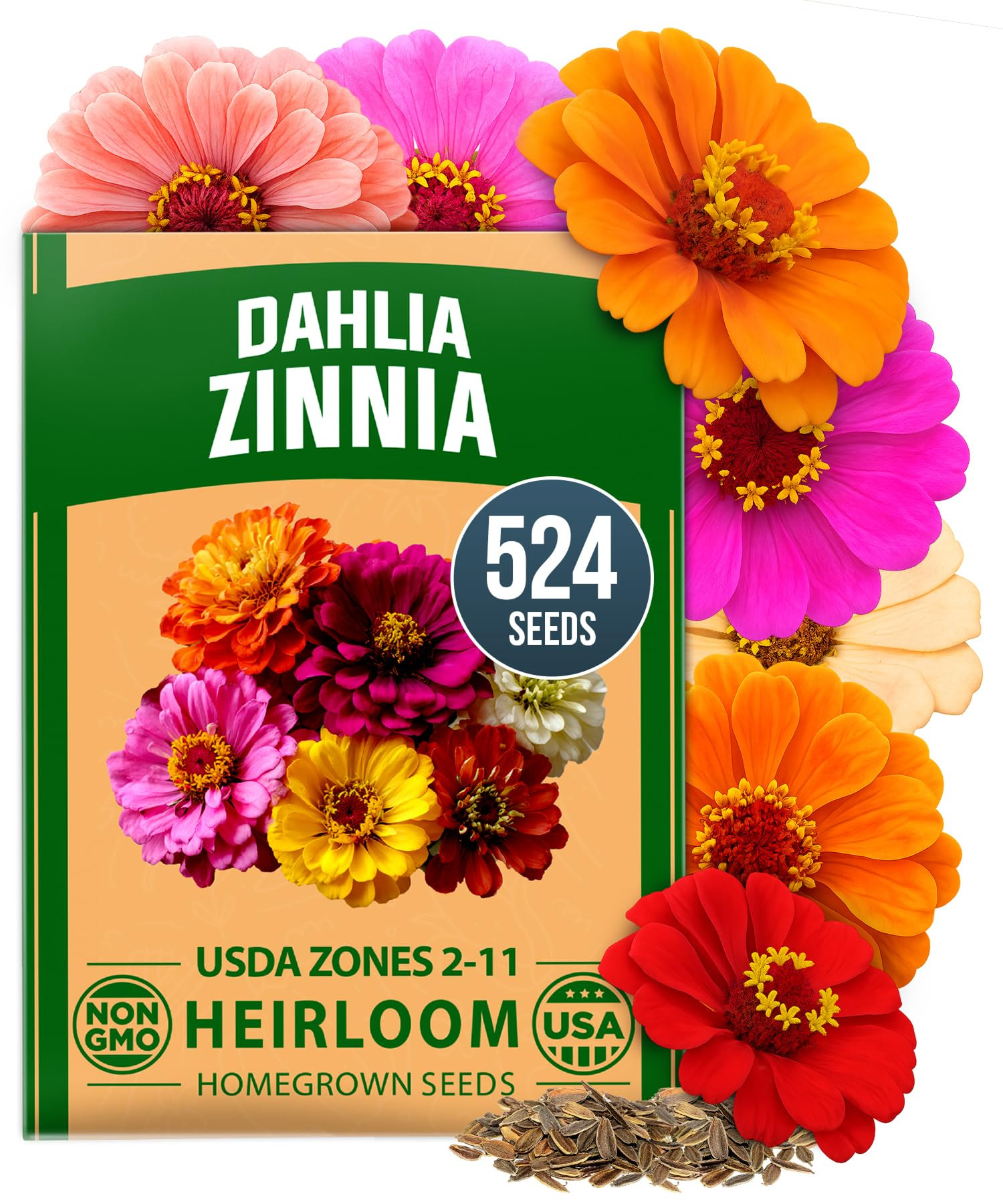 HOME GROWN Zinnia Dahlia Seeds Pack for 2026 Non GMO 524 Flower Seeds | Vibrant Zinnia Elegans fo... | Amazon (US)