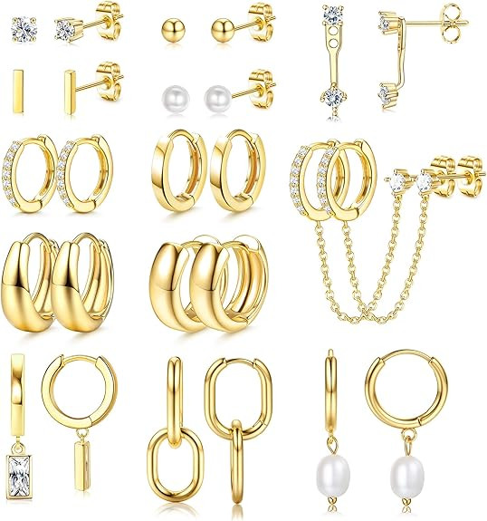 BESTEEL 13 Pairs Small Stud Hoop Earrings Set for Women Hypoallergenic Gold Plated Huggie Hoops P... | Amazon (US)