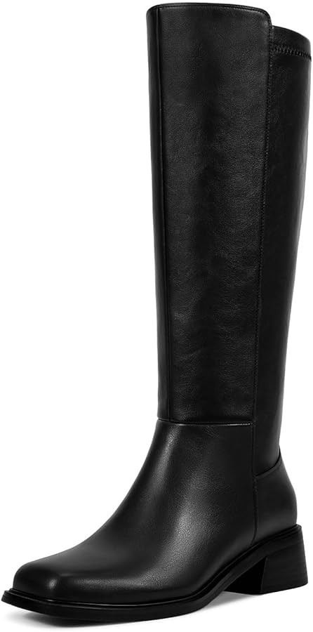 ISNOM Knee High Boots Women Chunky Low Heel Square Toe Elastic Boots Side Zipper Faux Leather Fal... | Amazon (US)