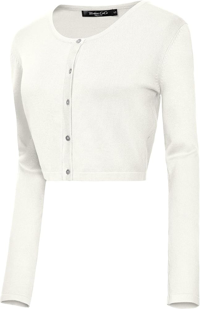Urban CoCo Women's Button Down Crew Neck Cropped Cardigan Lightweight Shrug Kint Sweater (White, ... | Amazon (US)