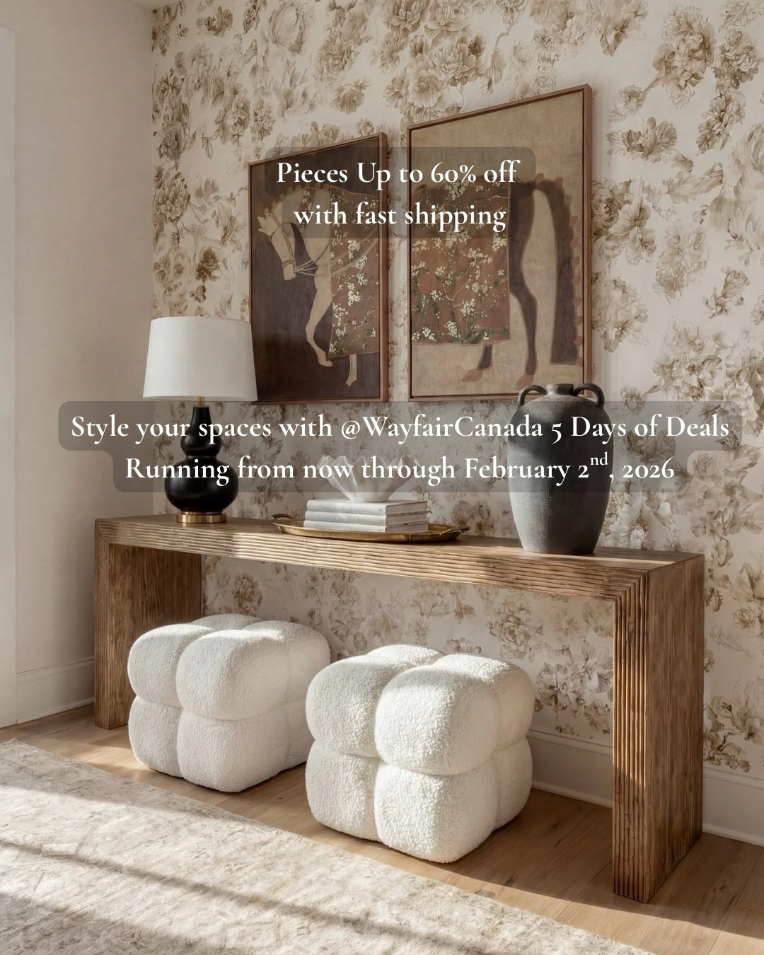 White ottomans 
Runner rug
Black ceramic vase
Decor books
Brass tray
Black ceramic lamp
Vintage animal wall art
Modern black throw pillow
White boucle sofa 
Brown jute rug
White upholstered dining chairs
Wood dining table
Black terracotta vase
Brass candle holders
Black decor books
Black decor bowl leaf bowl
Wood coffee table
Vintage traditional neutral rug

#LTKSaleAlert #LTKHome