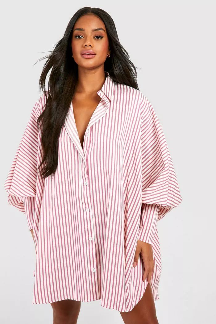 Textured Stripe Oversized Batwing Balloon Sleeve Shirt Dress | boohoo (US & Canada)