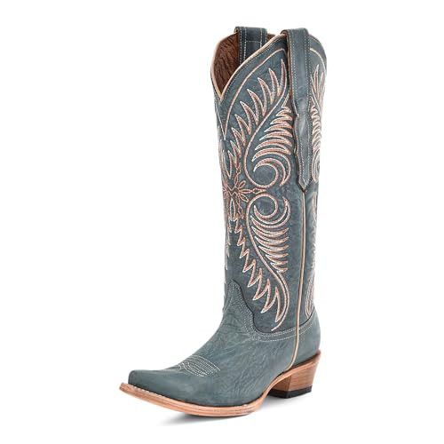 Corral Boots Womens Distressed Embroidered Snip Toe Casual Boots Knee High Low Heel 1-2" - Blue - Size 7 M | Amazon (US)