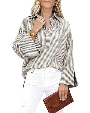 Watashi Women Button Down Shirt Casual Striped Print Dress Shirts Loose Long Sleeve Collared Offi... | Amazon (US)