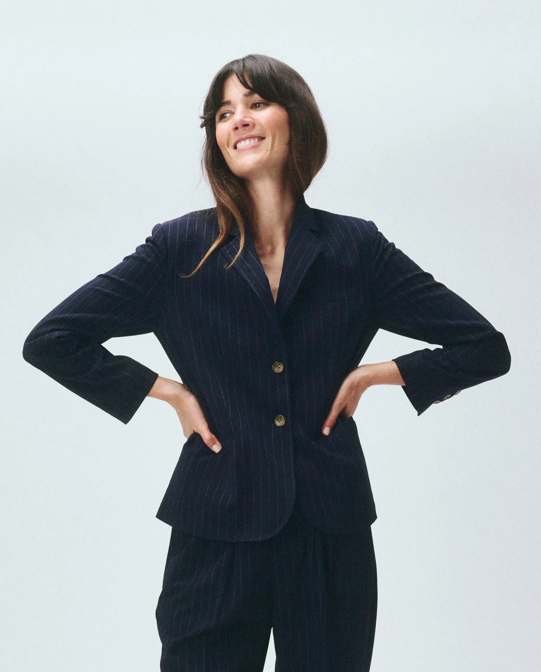 The Shrunken Blazer. -- Navy Pin Stripe | THE GREAT.