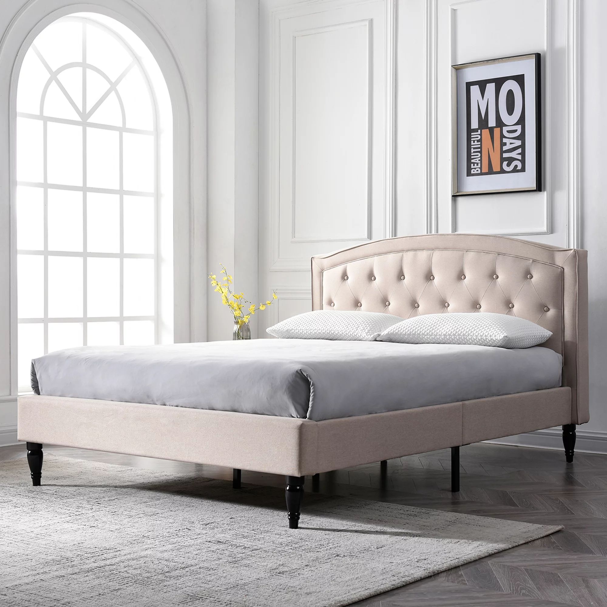 Modern Sleep Wellesley Upholstered Platform Bed | Headboard and Metal Frame with Wood Slat Suppor... | Walmart (US)