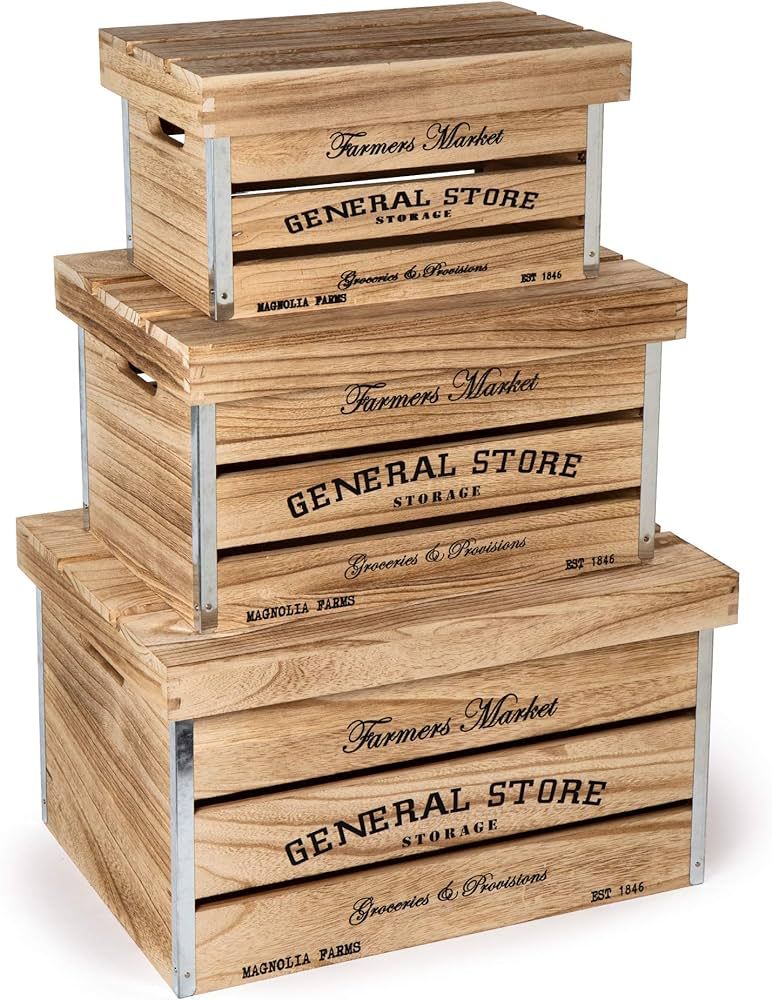 Truu Design Farmhouse Modern 3-Piece Boxes, 16.5 x 12.5 inches, Beige Wooden Storage Crate Set, 1... | Amazon (US)
