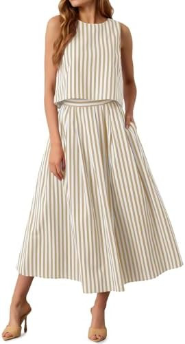 Tankaneo Womens 2 Piece Skirt Sets Summer Striped Sleeveless Tank Tops Midi Dress Travel Vacation... | Amazon (US)