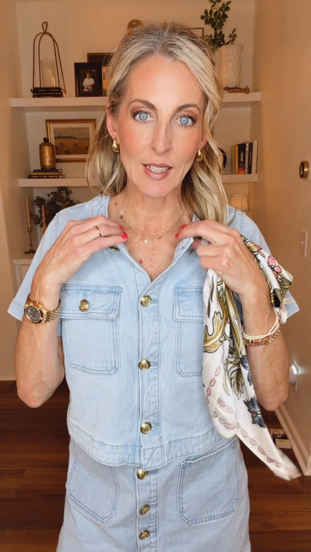 Add some retro cool to your rotation with this free assembly button front denim skirt and matching denim jacket both pieces under $25 wearing a size extra small can be worn on their own or paired together I added a scarf for just an extra detail all my favorite new arrivals linked  