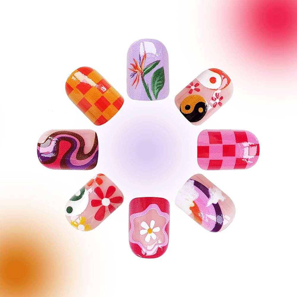 24PCS Bagua Acrylic Short Press on Nails, Pink Short Square Nails with Unique Flower Design, Eigh... | Amazon (US)