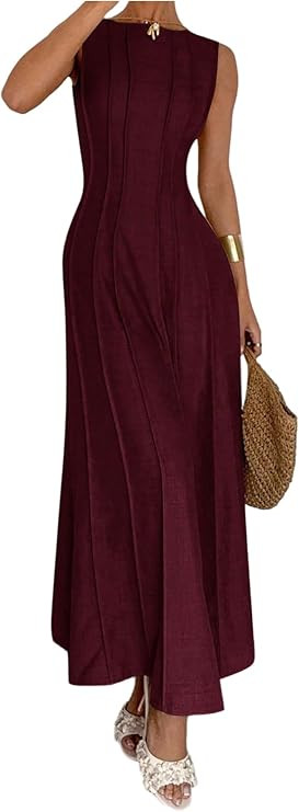 Floerns Women's Sleeveless Tank Dress Crew Neck A Line Evening Long Wedding Guest Dresses | Amazon (US)