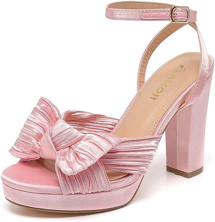 Amoji Women's Chunky Platform Heels 4'' Bowknot Heeled Sandal Wedding with Ankle Strap 302F4 | Amazon (US)