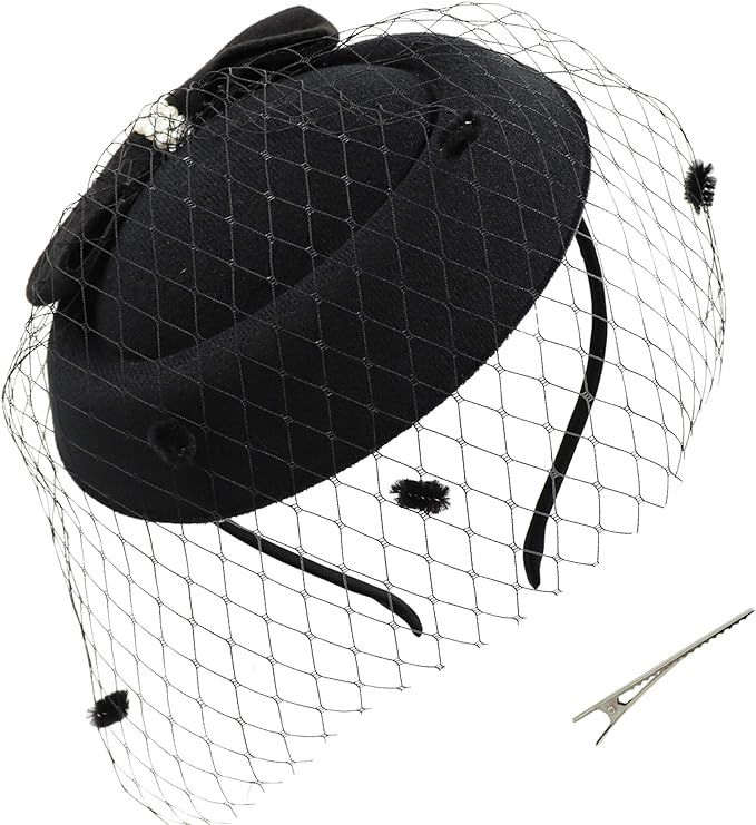 Umeepar Pillbox Fascinator Hat for Women Wedding Tea Party Hat Headband Hair Clip with Veil | Amazon (US)