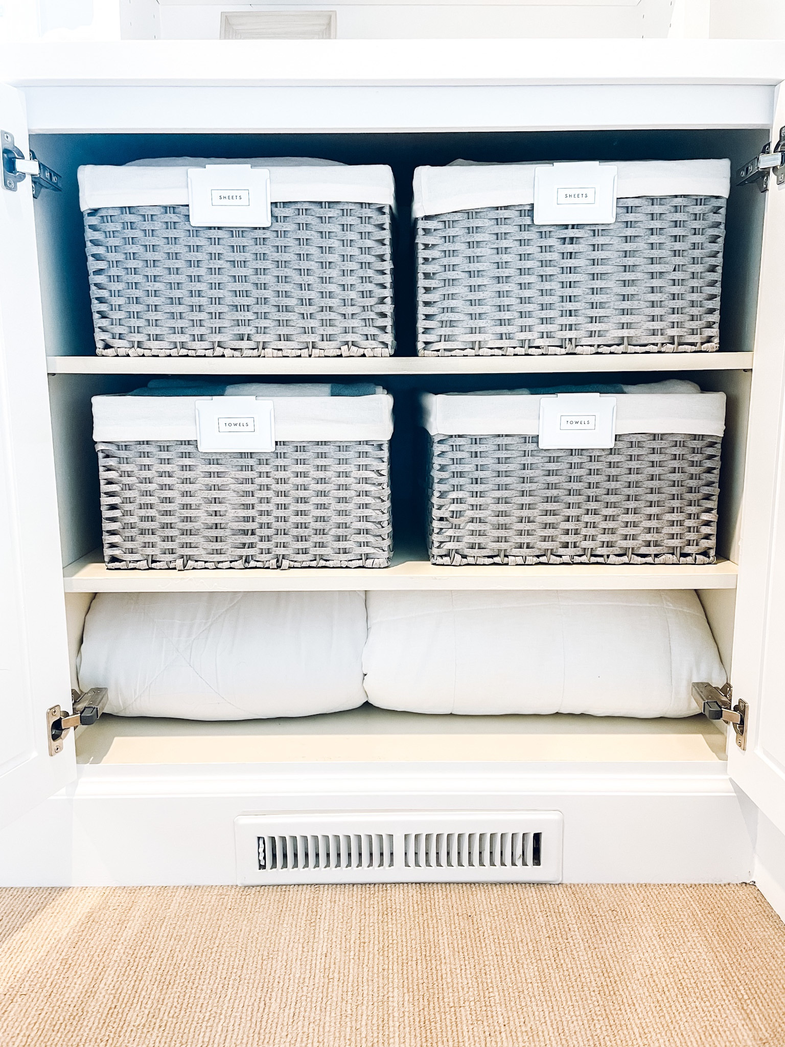 Linen closet organization. The Container Store Montauk Rectangular Bin. The Container Store Bin Clip✨

#LTKkids #LTKfamily #LTKhome