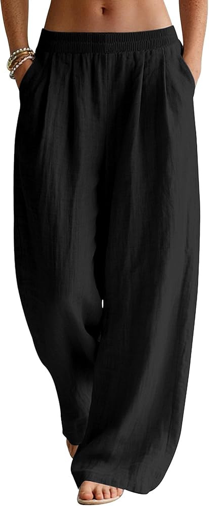 LOMON Linen Pants Women Wide Leg Palazzo Summer Flowy Pants Beach Vacation Clothes Elastic Waist ... | Amazon (US)