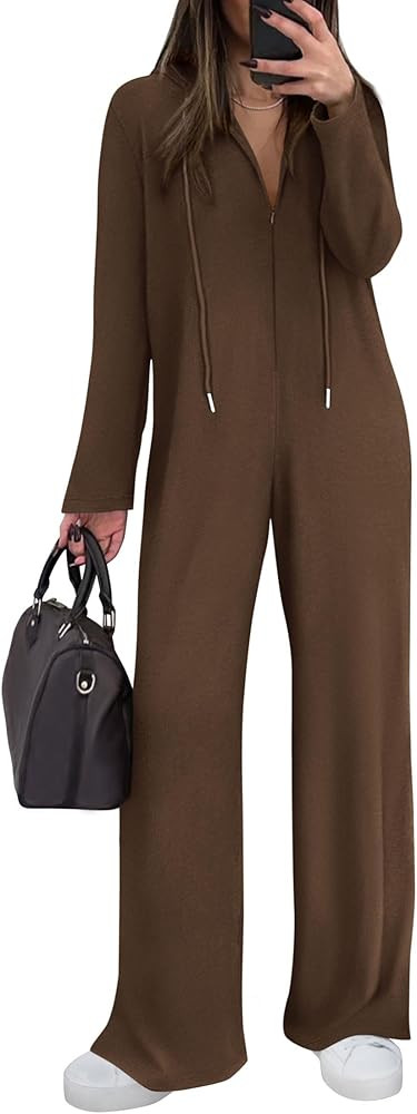 KIRUNDO Jumpsuits for Women Casual Long Sleeve Spring One Piece Outfits 2025 Drawstring Hoodie Zi... | Amazon (US)