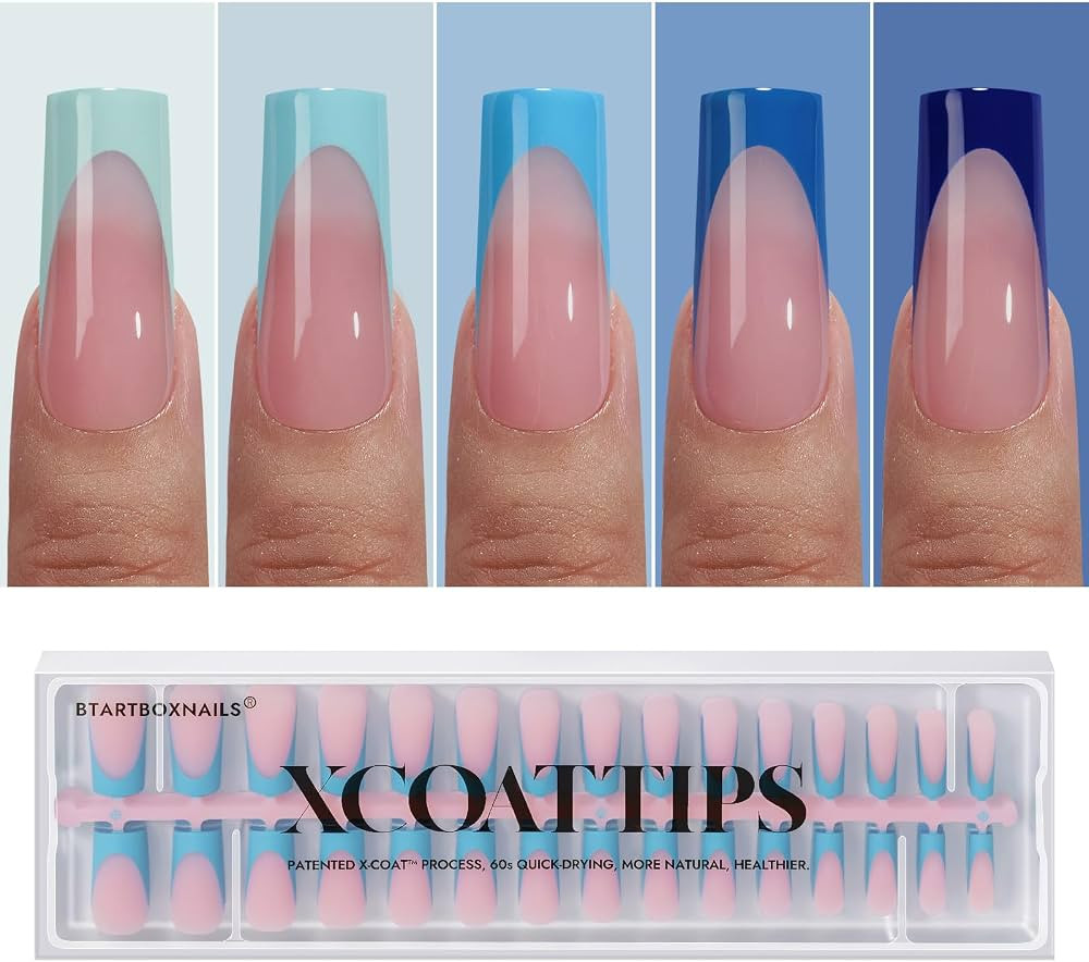 BTArtboxnails XCOATTIPS French Tip Press On Nails - Blue Press On Nails Square, Long Fake Nail Ti... | Amazon (US)