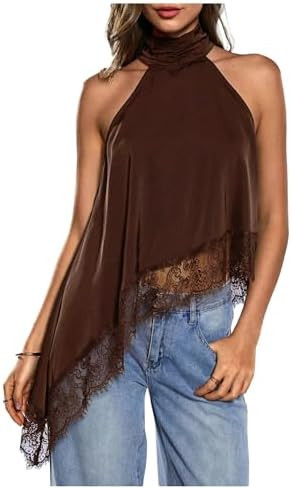 Milumia Women's Halter Neck Top Lace Asymmetrical Hem Going Out Tank Tops | Date Night Tops, Slee... | Amazon (US)