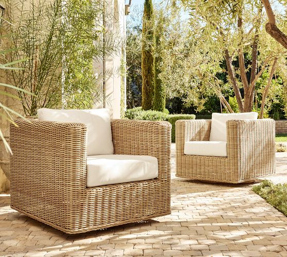 Huntington Wicker Square Arm Swivel Outdoor Lounge Chair, Set of 2 | Pottery Barn (US)