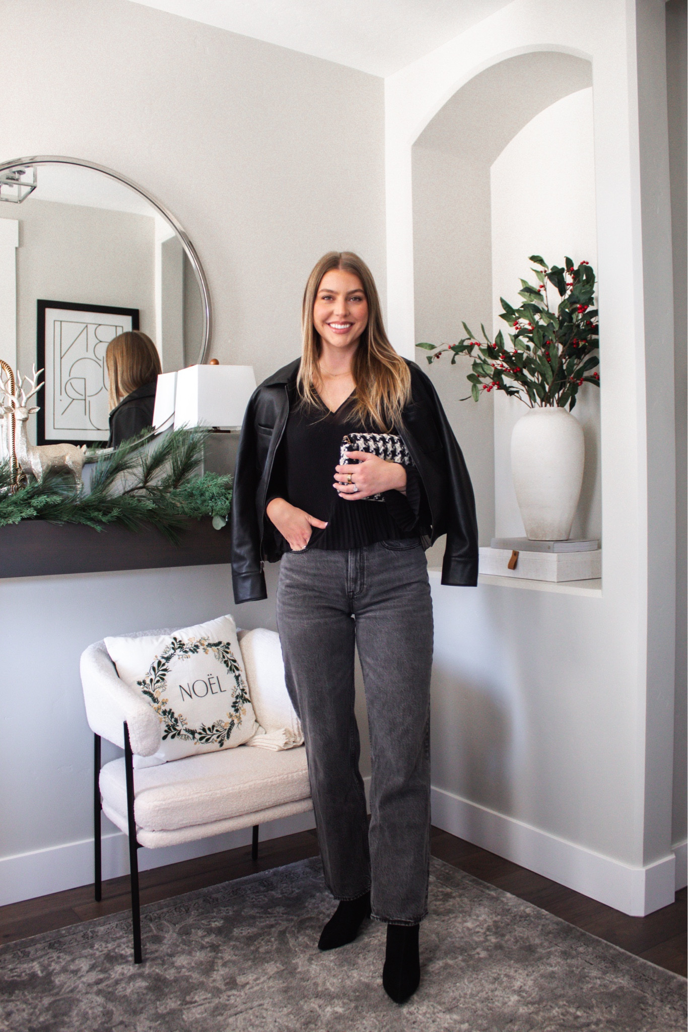 All black holiday outfit! Most everything on sale. Jacket - medium, sheer top - medium, jeans - 27L, kitten heels - I sized up a half size 

#LTKfindsunder100 #LTKCyberWeek #LTKsalealert