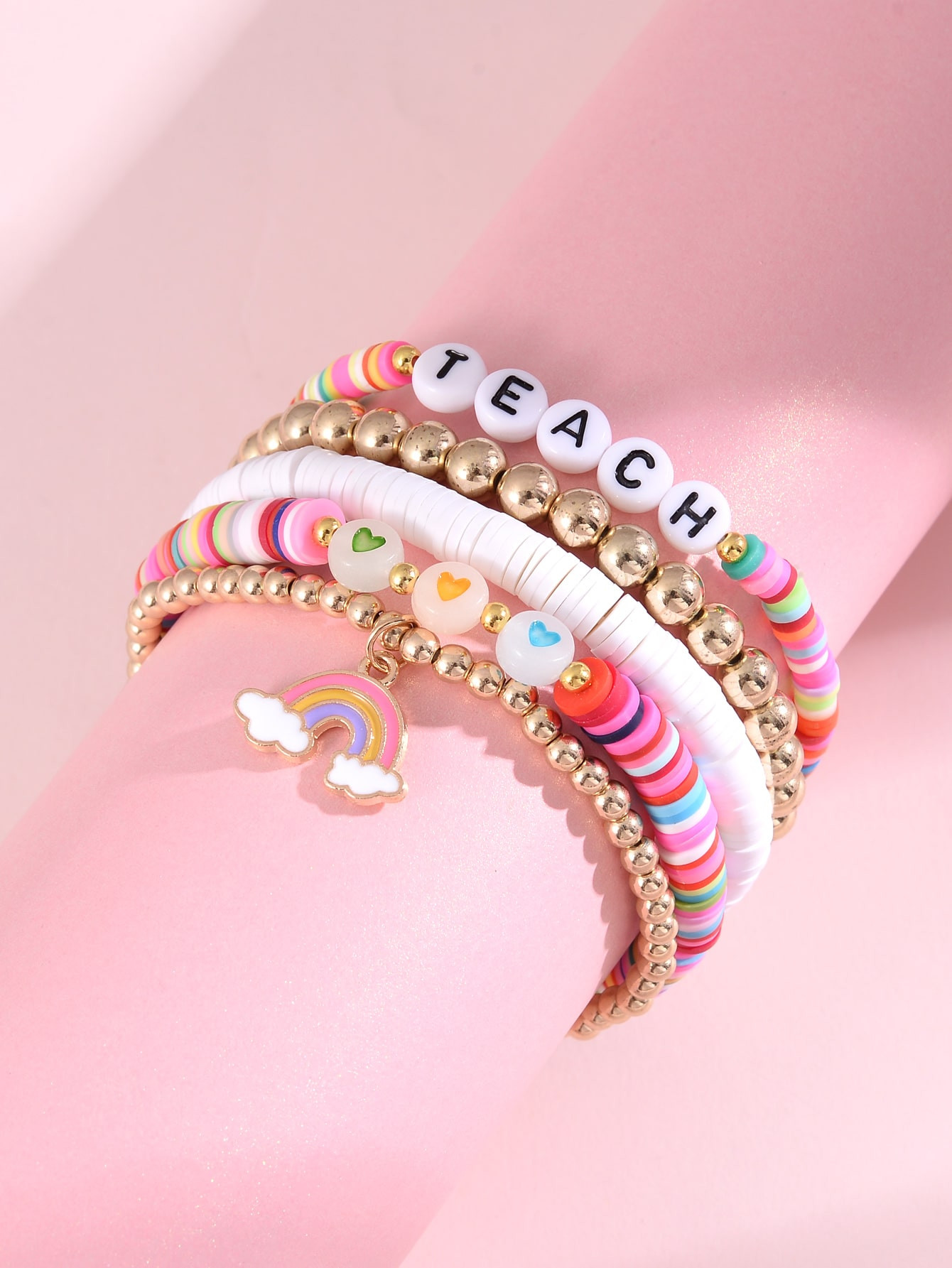 5pcs/set Random Letter Detail Rainbow Charm Beaded Bracelet | SHEIN