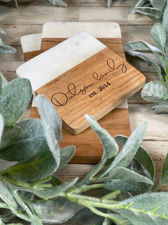 Custom Coaster Set | Marble and Wood Coaster set | Laser Engraved Coasters | Personalized Coaster... | Etsy (US)