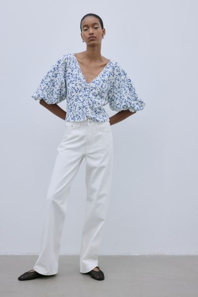 Linen-blend Blouse - White/blue floral - Ladies | H&M US | H&M (US + CA)