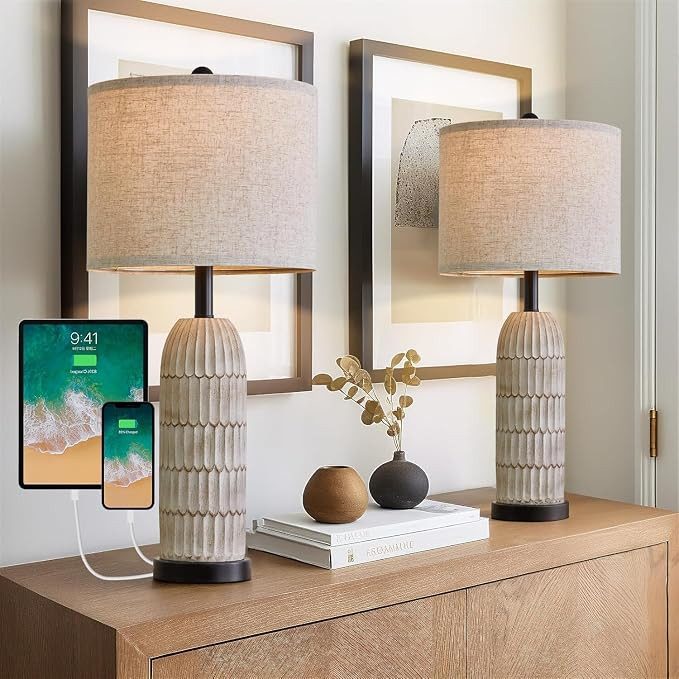 26.5" Bedside Table Lamps Set of 2, Farmhouse Table Lamp with USB A+C Charging Ports,Vintage Nigh... | Amazon (US)