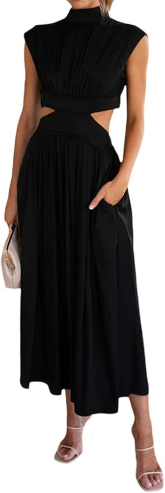 Yuemengxuan Women Pleated Maxi Dress Mock Neck Cut Out Sleeveless Long Flowy Dresses Elegant Cock... | Amazon (US)