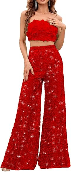 NOYIVA 2 Piece Set 3D Flower Strapless Crop Tube Top Prom Tops High Waist Sequin Flare Leg Pants ... | Amazon (US)